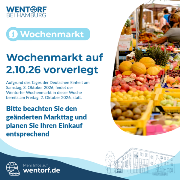 Wochenmarkt auf Freitag, 2.10.26 vorverlegt